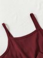 SHEIN Kids SUNSHNE Young Girl Burgundy Spaghetti Strap Dress With Belt, Suitable For Summer