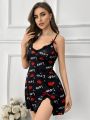 Heart And Letter Print Lace Trimmed Cami Dress For Valentine's Day