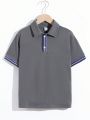 SHEIN Boys' Leisure Knitted Polo Shirt With Contrast Collar, Solid Color And Striped Pattern