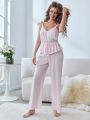 Lace Trim Ruffle Hem Top & Pants PJ Set