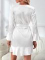 Lace Trim Flounce Sleeve Ruffle Hem Belted Satin Robe