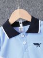 SHEIN Toddler Boys' Casual Color-block Dinosaur Pattern Polo Shirt And Shorts Set