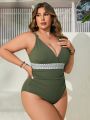 SHEIN Swim BohoFeel Women's Plus Size Green Ribbed V-neck One-piece Swimsuit