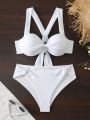 SHEIN Swim Mod White Butterfly Knot Decorated Bikini Swimsuit Set