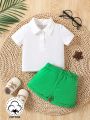 SHEIN Cool Sports Fabric Casual Short-Sleeved Shorts Suit For Boys And Babies, Suitable For Travel