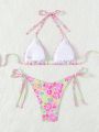 Women's Halter Neck Thin Straps Triangle Bikini Set (prints Random)