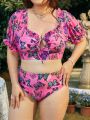 SHEIN Swim Mod Plus Size Butterfly Print Short Sleeve Tankini Set With Lace Detailing