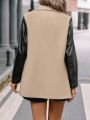 Contrast PU Leather Sleeve Open Front Overcoat