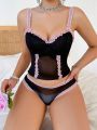 Ladies' Contrast Lace Bra Top & Triangle Panties Set With Underwire Support