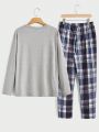 SHEIN Men Slogan Graphic Tee & Plaid Pants PJ Set