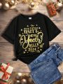 Teenage Girls' Casual 2024 New Year Print Short Sleeve T-Shirt Suitable For Summer