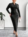 SHEIN Privé Women's Plus Size Black Dress With V-neck And Slit