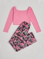 SHEIN Teen Girls' Off Shoulder T-shirt And Camo Side Pocket Long Pants Two Piece Outfits