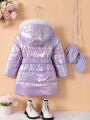 Young Girl Holographic Fuzzy Trim Hooded Puffer Coat With Gloves