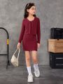 SHEIN Tween Girl Solid Rib-knit Dress & Button Placket Jacket