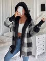 SHEIN Frenchy Buffalo Plaid Pattern Drop Shoulder Hooded Teddy Coat