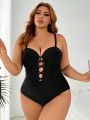 SHEIN Swim BAE Plus Size One-Piece Fishbone Shaped Swimwear With Waist Cincher