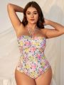 SHEIN Swim Mod Plus Size Floral Print Halter One Piece Swimsuit