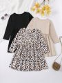 SHEIN Kids QTFun 3pcs/set Girls' Leopard Print Heart Patterned Long Sleeve Dress For Casual Wear, Autumn
