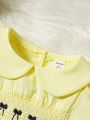 Elegant And Cute Baby Girl Fashionable Bowknot Embroidery Design Puff Sleeve Dress With Bloomers Set