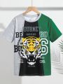 SHEIN Kids SPRTY Tween Boy Tiger & Letter Printed Color Block Short Sleeve T-Shirt With Round Neck