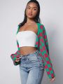 Wild Coco Berry Checker Pattern Drop Shoulder Open Front Crop Cardigan