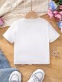 SHEIN Kids HYPEME Tween Girls' Sporty Street Knitted Hollow Out Short Sleeve Top With Round Neckline