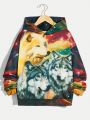 SHEIN Tween Boys' Cool Animal Printed Hooded Loose Fit Pullover Knitted Sweatshirt For Casual And Street Wear