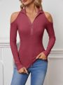 SHEIN Essnce Solid Half Zip Cold Shoulder Tee