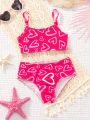 SHEIN Young Girl Casual Knit Bikini Swimsuit Set With Heart Pattern