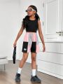 SHEIN Kids Cooltwn Tween Girls' Cool And Trendy Knitted Color-Block Shorts For Spring/Summer