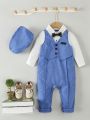 Infant Boys' Gentleman Style Faux Two Pieces Vest Bowtie Romper + Hat Set
