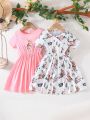 Young Girls' Cute Rabbit Print Multi-Piece Combination Dress For Summer