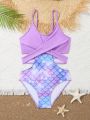 Girls' One-Piece Swimsuit With Mermaid Scales Print, Hollow Out Detail And Patchwork Design