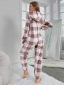 Women's Zip-up Plush Plaid Pattern Sleepwear Jumpsuit