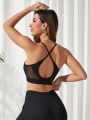 SHEIN Yoga Basic Women's Mesh Patchwork Back Cross Sports Bra