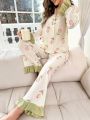 Floral Print Ruffle Trim PJ Set