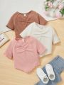 SHEIN Kids FANZEY Tween Girl 3pcs Ruched Front Raglan Sleeve Hanky Hem Tee