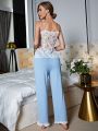 Sheer Lace Tie Front Ruffle Hem PJ Set