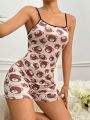 Cartoon Print Contrast Binding Cami Romper