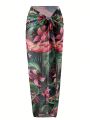 SHEIN Swim BAE Women'S Tie Front Tropical Pattern Cover Up Skirt