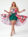 Retro Peaches Plus Size Floral Print Jumpsuit With Tie Straps, Contrast Shorts And Open Front Skirt