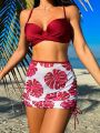 SHEIN Swim Vcay Ladies' Solid Color Bikini With Printed Beach Cover-Up And Skirt Set