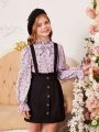 SHEIN Girls' Floral Stand Collar Casual Shirt With Puff Sleeves And Solid Color Suspender Skirt 2pcs Outfit