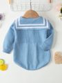 Baby Girls' Striped Sailor Collar Half Buttoned Long Sleeve Knit Romper