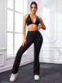 SHEIN Daily&Casual Women'S Cross Strap Backless Sports Bra And Leggings Set