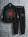 SHEIN Tween Boys Casual Card Spider Web Printed Sweatshirt And Sweatpants Two-Piece Set Suitable For Autumn And Winter