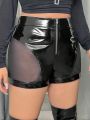 SHEIN ICON Mesh Insert Zipper Pu Leather Shorts