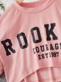 SHEIN Kids EVRYDAY 3pcs/Set Tween Girl Knitted Loose Short-Sleeve T-Shirt With Letter Printing, Knitted Solid Color Camisole, And Loose Pants