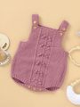 Baby Girls' Button-up Knitted Romper With Long Sleeves